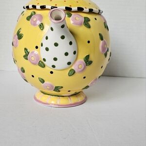 Mary Engelbreit Yellow Tea Pot with Pink Flowers Vintage 1997 by Michel and Co.